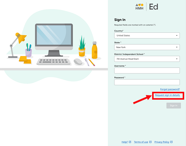 Ed Sign In page with Request sign in details link circled in red
