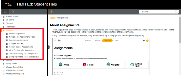 TOC panel highlighting an open category with topic titles showing