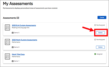 My Assessments page with the Delete button circled in red for one of the unassigned assessments