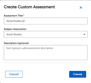 Create Custom Assessment dialog box fields completed