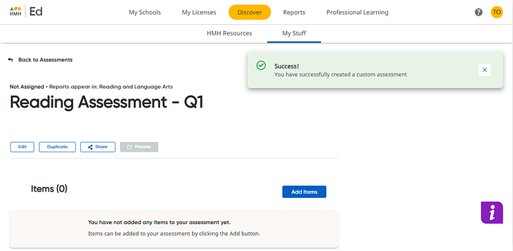 My Assessments page for newly created assessment with no items added