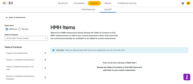 Add Items to assessment page