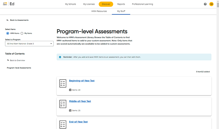 View items link identified for selected program-level assessment