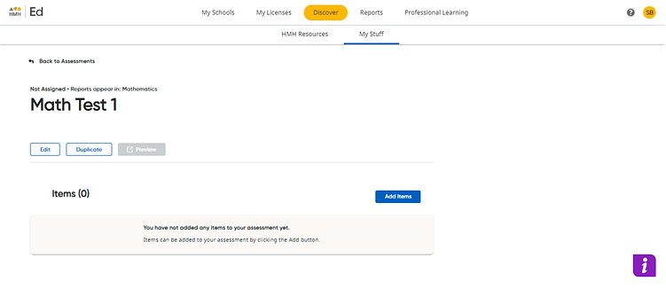 My Assessments page with Add Items field identified
