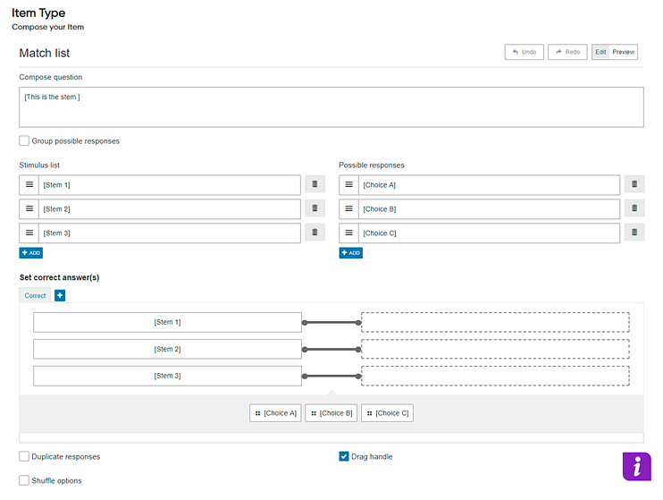 My Items - Create Item page showing Match Answers creation