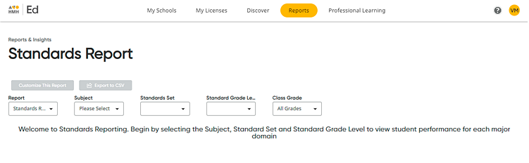 Standards Report selected with filter lists showing