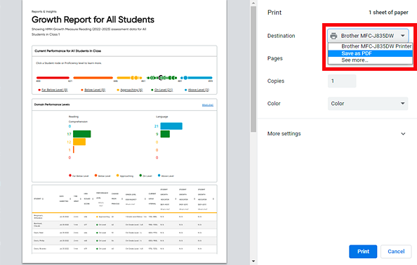 Print dialog box showing Print or Save as PDF options