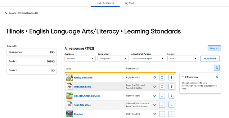 Standards page with all resources for selected standard set and program displayed