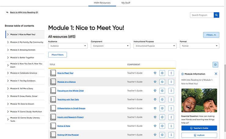 Resources page listing resources for selected module