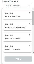 Table of Contents filter selected showing list of modules