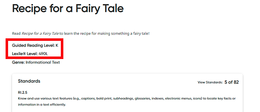 Resource card with Guided Reading Level and Lexile identified