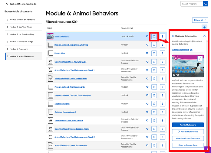 Resource page showing Resource Summary Panel for selected resource