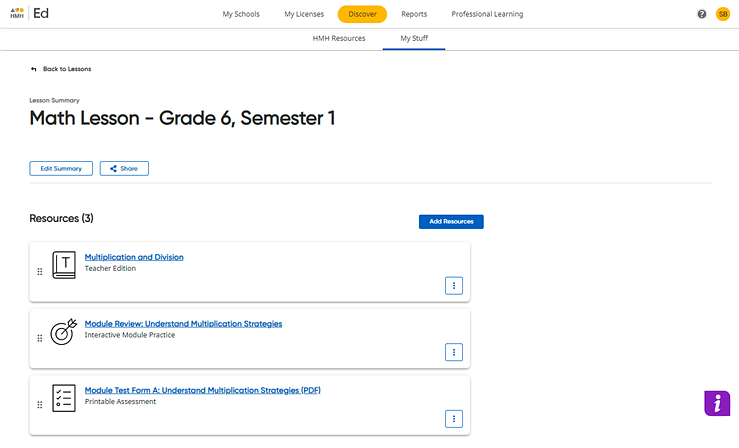 My Lessons page showing selected lesson