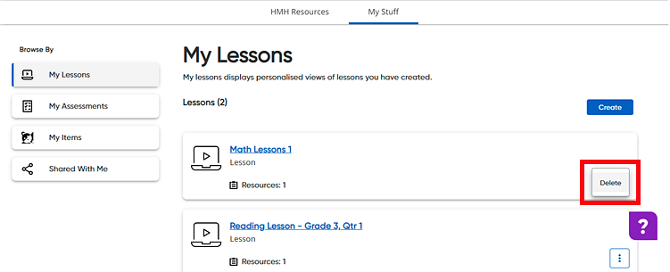 My Lessons page showing the Delete option selected for a lesson