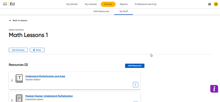 My Lessons page showing the details of selected lesson