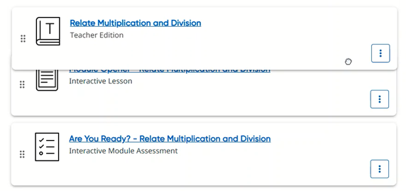 My Lessons page showing selected plan with one of the resource cards being moved