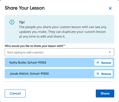 Share Your Lesson dialog box with names added