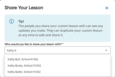 Share Your Lesson Plan dialog box with typing in Add Names field