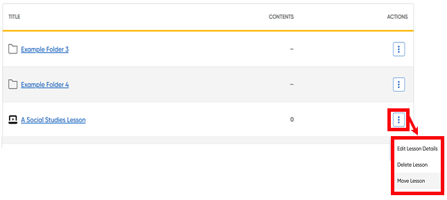 Vertical ellipsis button selected for a lesson showing options of Edit Lesson Details, Delete Lesson, and Move Lesson