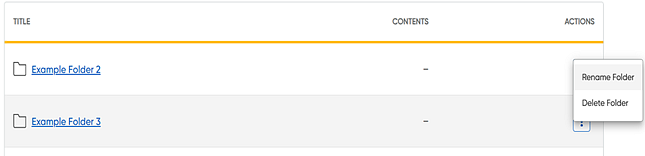Vertical ellipsis button selected for a folder showing options of Rename Folder and Delete Folder