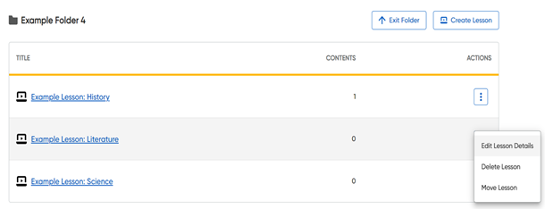 Vertical ellipsis button selected for a lesson showing options of Edit Lesson Details, Delete Lesson, and Move Lesson