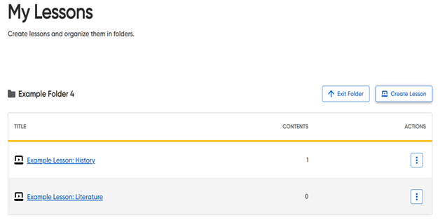 My Lessons page showing an opened folder with lessons listed