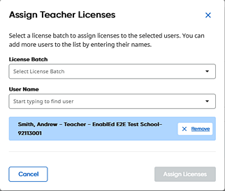 Assign Teacher Licenses dialog box