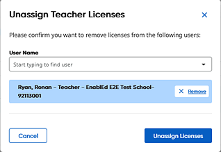 Unassign Teacher Licenses dialog box confirmation