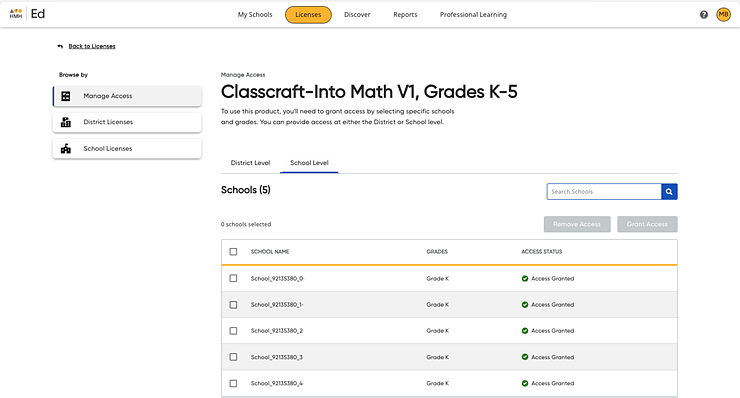 Manage Access page School Level tab