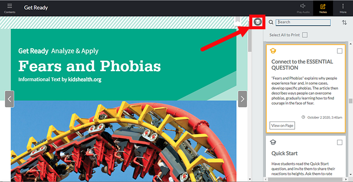 Teacher edition eBook with mortar-board icon selected and teacher notes displayed