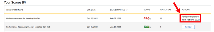 Assignment page showing an assignment with a delayed review date