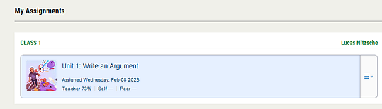 Writing Task Dashboard showing an assignment card with a score