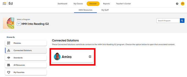 Discover Page showing Amira card in Connected Solutions area