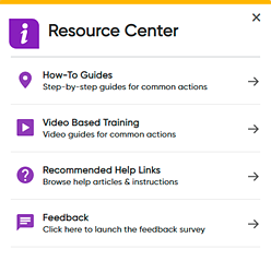 Resource Center list of options
