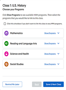 Choose your Programs dialog box for Class 1