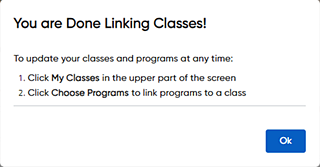 Your Classes Are Set Up confirmation dialog box