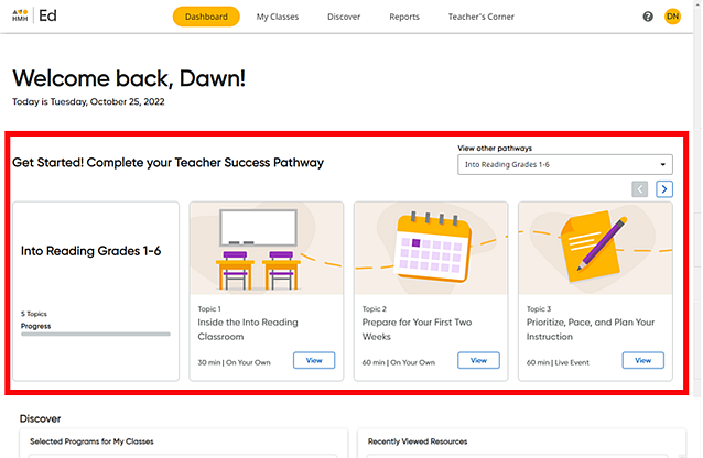 Dashboard with the Teacher Success Pathway area highlighted