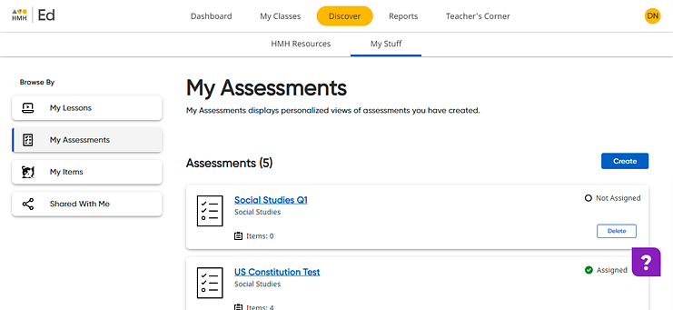 My Assessments page with saved assessments listed