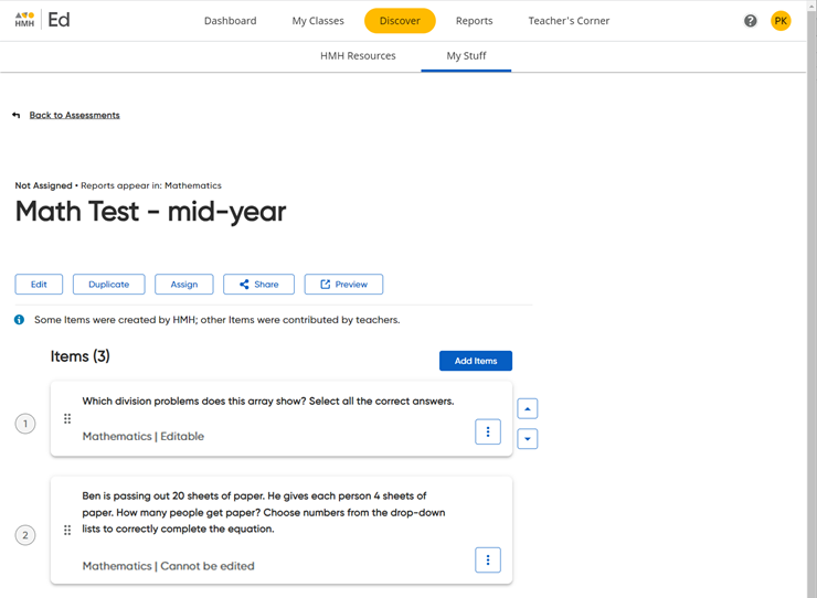 My Assessment page for newly saved assessment