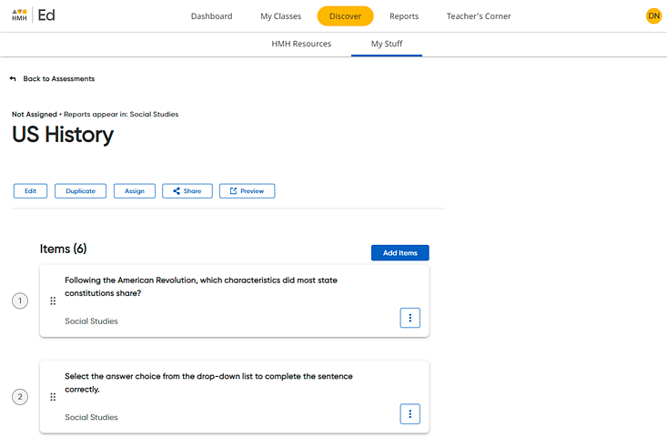 My Assessments page showing an unassigned custom assessment