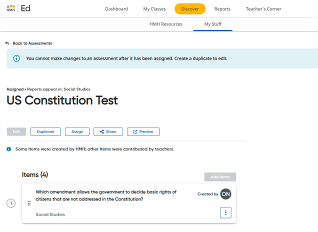 My Assessments page showing an assigned custom assessmen