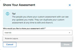 Share Your Assessment dialog box with a name typed in the field