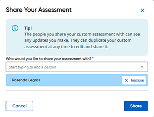 Share Your Assessment dialog box with a name selected