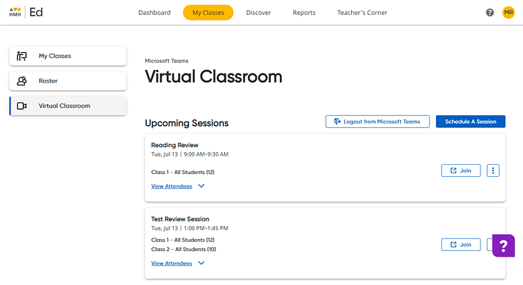 Dashboard with Virtual Classroom option highlighted