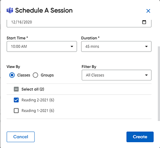 Schedule A Session dialog box showing class list