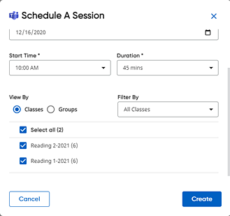 Schedule A Session dialog box with multiple classes selected