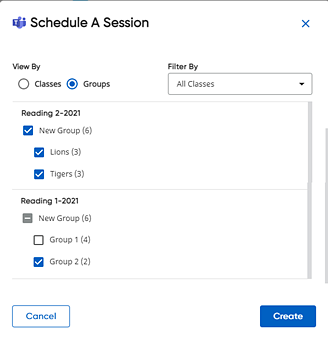 Schedule A Session dialog box with multiple groups selected