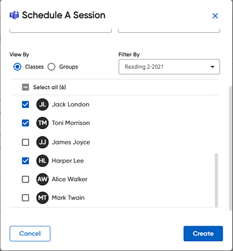 Schedule A Session dialog box with student selected