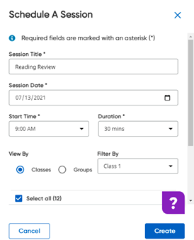 Schedule A Session dialog box with title, date, time fields populated