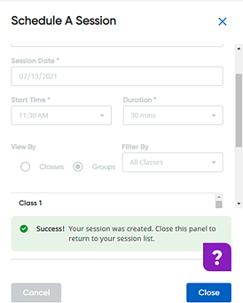 Schedule a session dialog box with session created confirmation